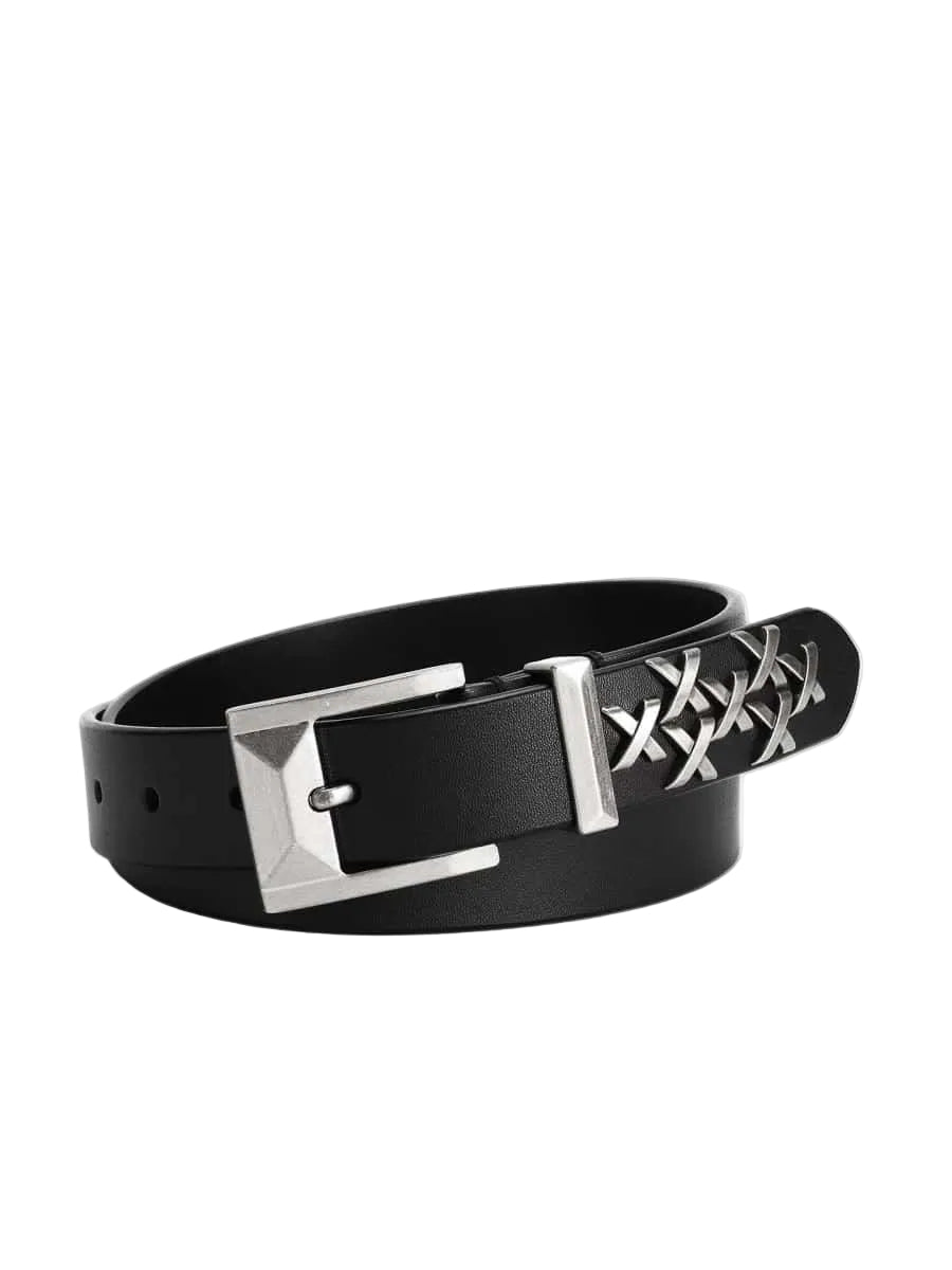 Cross X Metal Studded Full Grain Leather Belt Pin Buckle Waist Belt