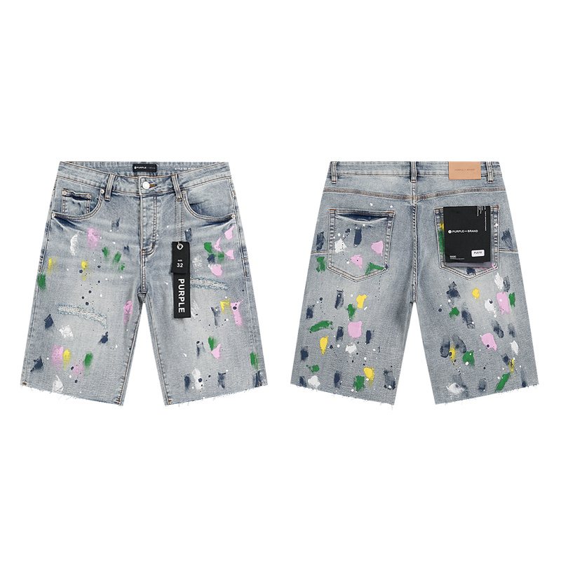 Purple Brand Light Blue Paint-Splatter Denim Shorts