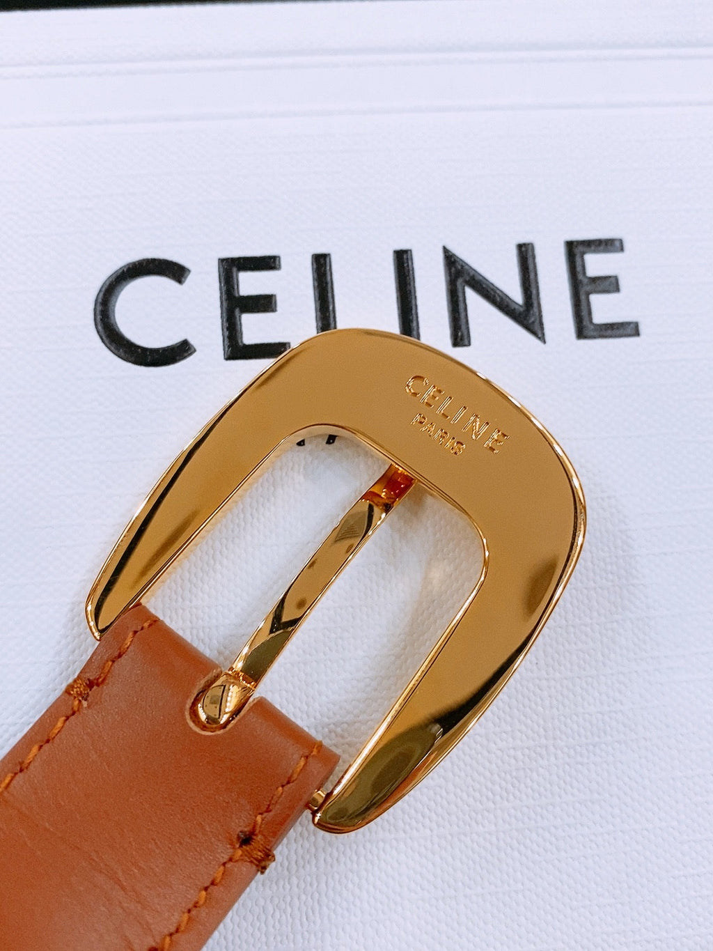 CELINE 25S BELT 25MM WITH ARC DE TRIOMPHE BUCKLE IN DARK CARAMEL 571499