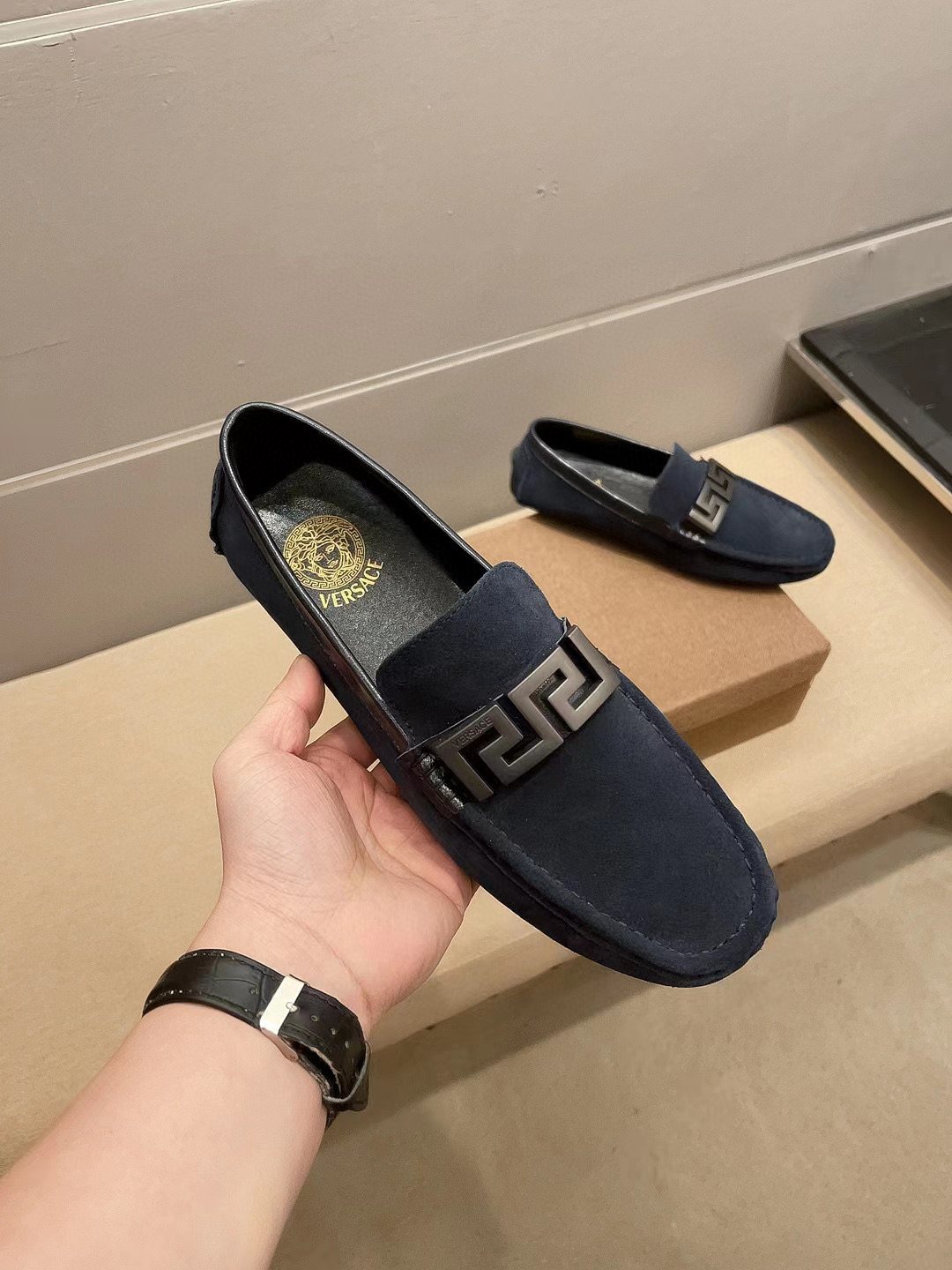 Versace Men's Geometric Buckle Loafers